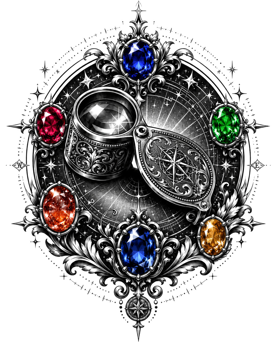 Ornate gemology artwork with a jeweler’s loupe, gemstones, and compass details